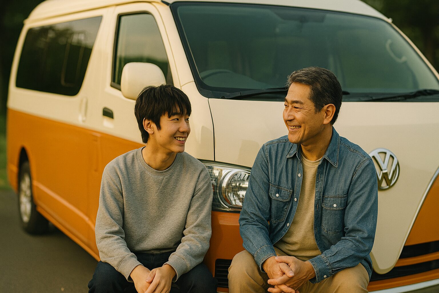 ワーゲンバス仕様ハイエース|息子との絆が深まった瞬間(愛車を背景にした会話)