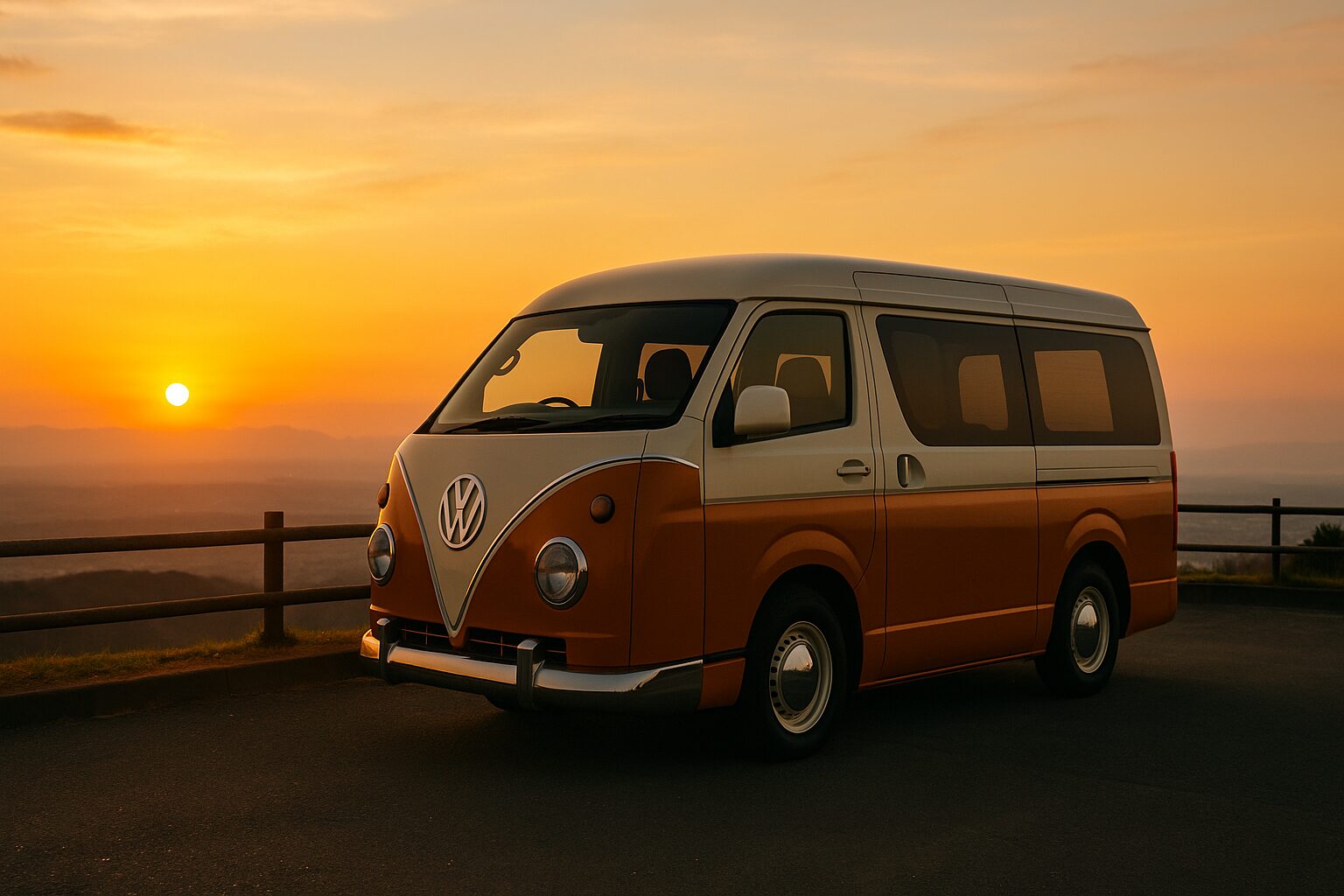 ワーゲンバス仕様ハイエース|愛車との充実した時間(夕暮れの展望台にて)