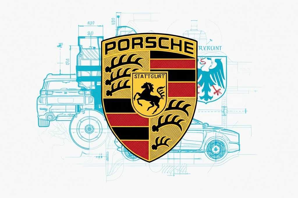 フェルディナント・ポルシェの肖像画とポルシェ社のエンブレム