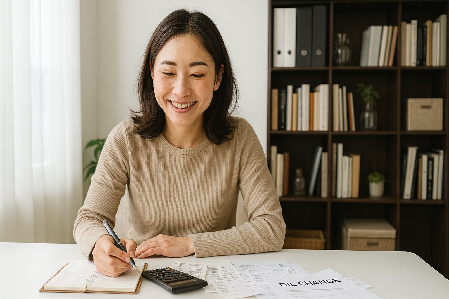 計算機とメモを手にお得感を表現する日本人女性の画像