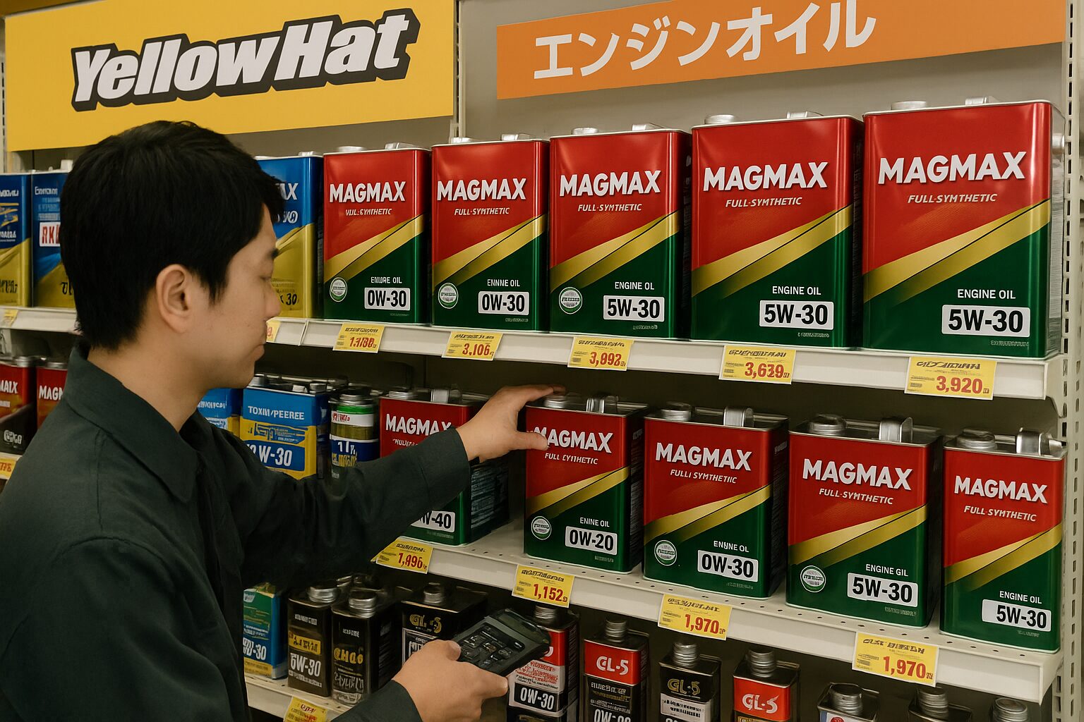様々な種類のエンジンオイル缶が陳列されている様子