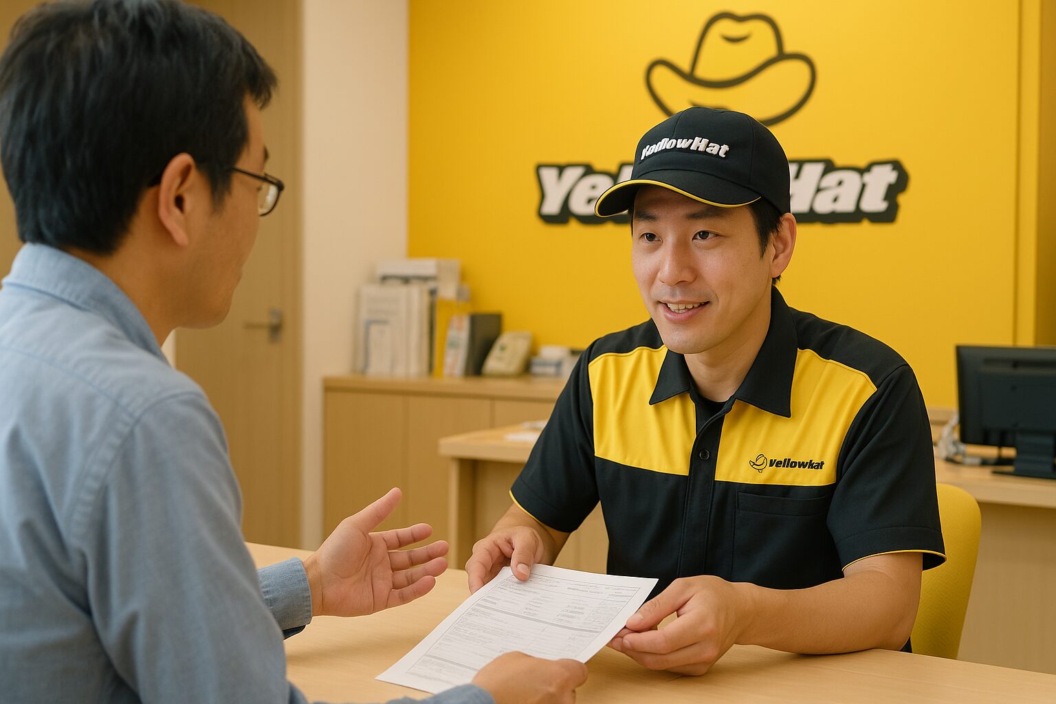 カウンターで質問する顧客とスタッフの相談風景