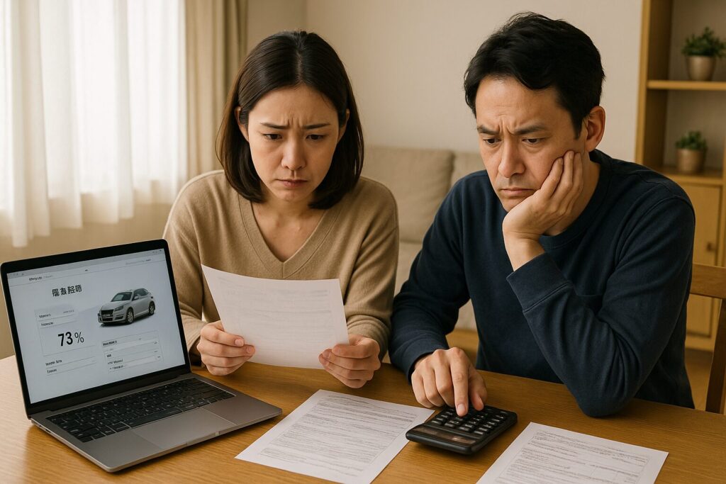 残クレ契約を検討する日本人家族の真剣な表情