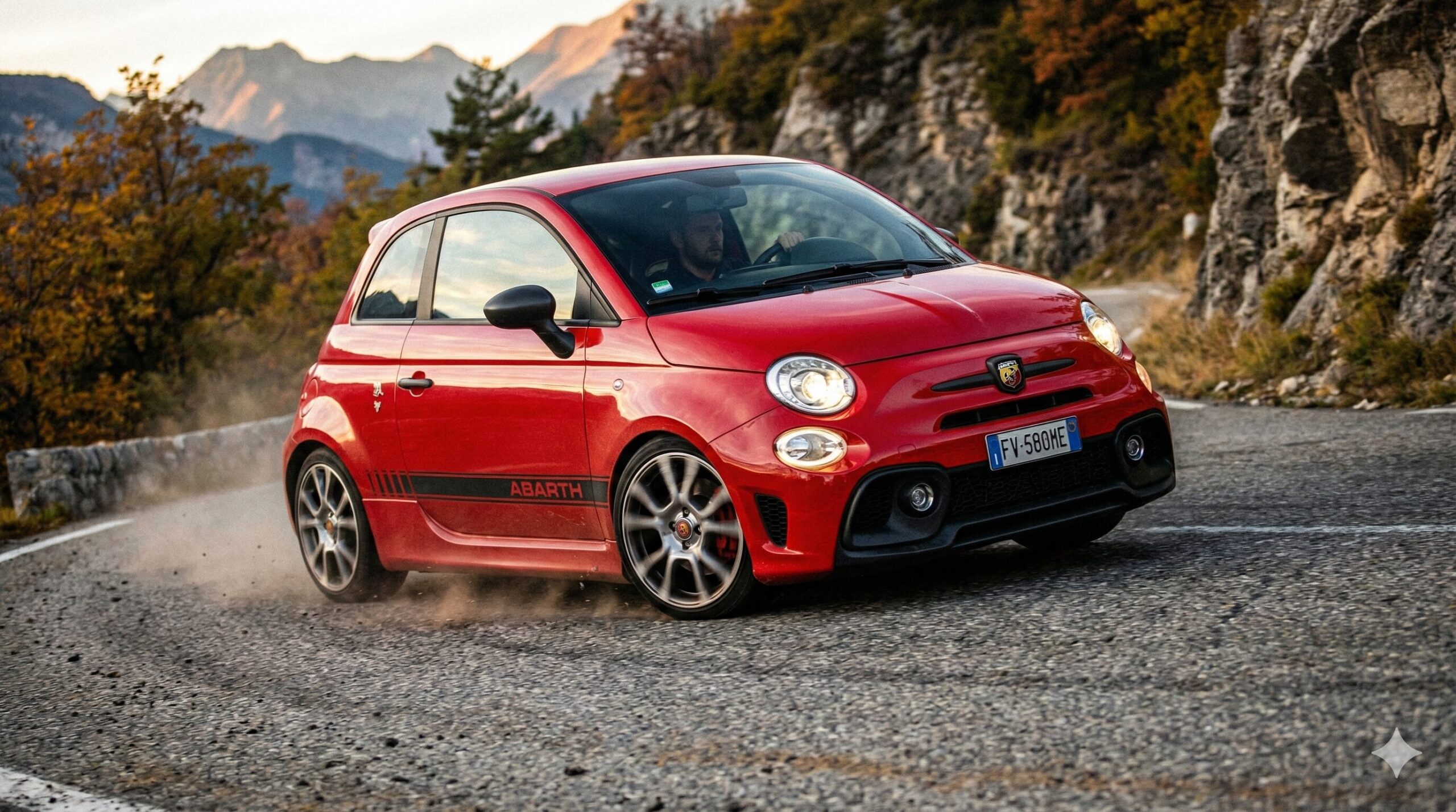 ワインディングロードを疾走するアバルト595。 山道のカーブを鋭く駆け抜ける瞬間を捉えたダイナミックな構図。 小さな車体からは想像できない迫力ある走り。