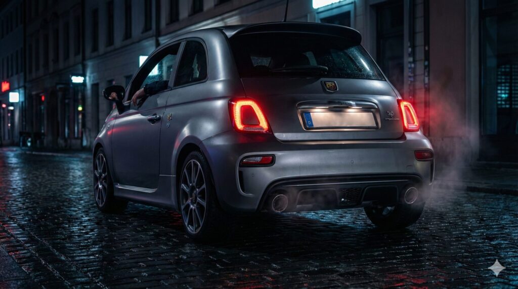 夜の静かな街に佇むアバルト595。
リアビューを中心に、ツインマフラーとディフューザー。
走り出す直前の緊張感と官能的なエンジンサウンド。