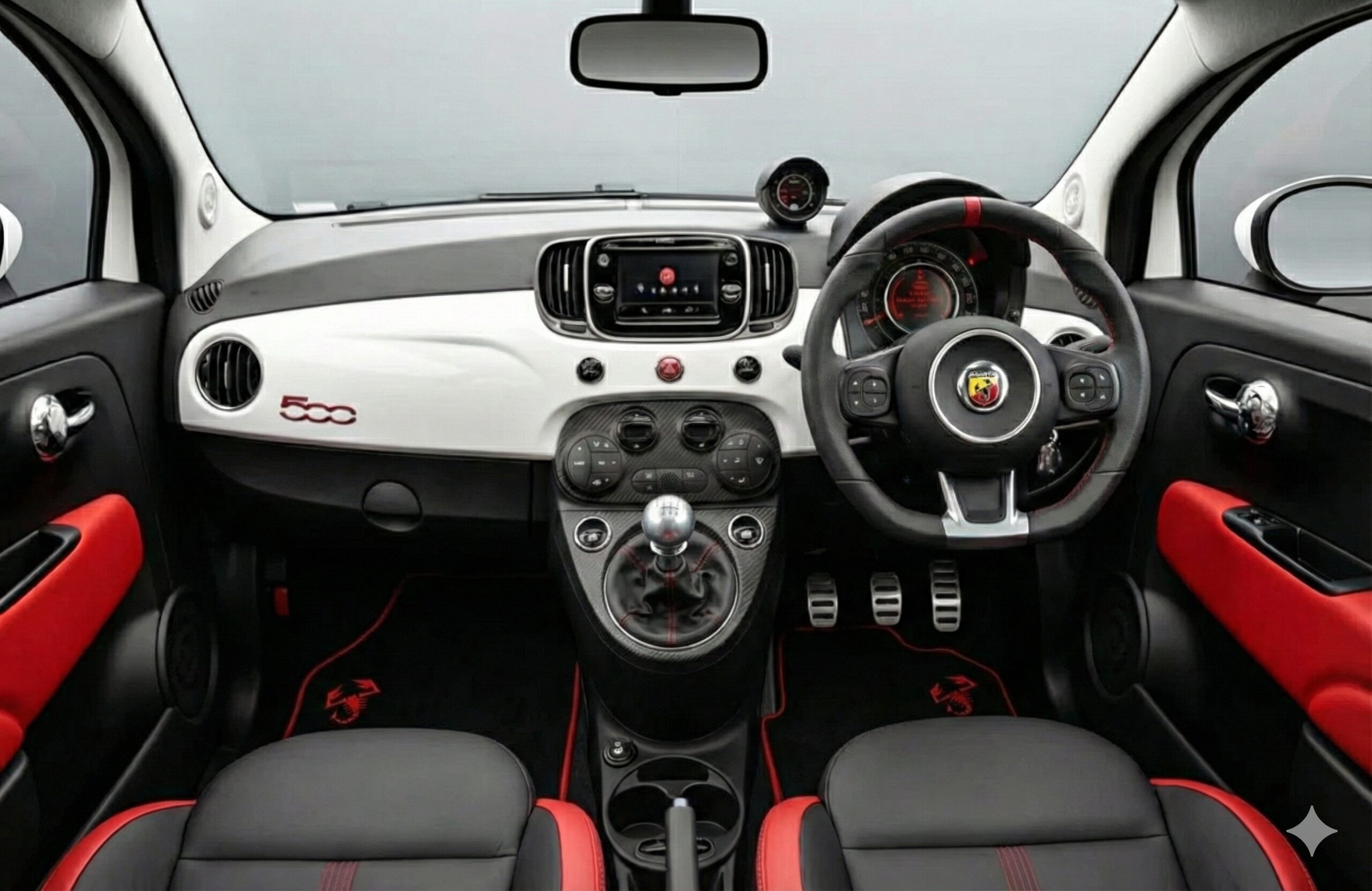 カスタマイズが施された右ハンドル「アバルト595」のコックピット全景。赤と黒のツートンカラーのスポーツシートと白いダッシュボードパネルが特徴。ステアリングホイール上部の赤いセンターマーク、球体の金属製シフトノブ、カーボン調のセンターコンソールパネル、そして赤いサソリの刺繍入りフロアマットなど、愛好家のこだわりを感じさせるディテールが確認できる。