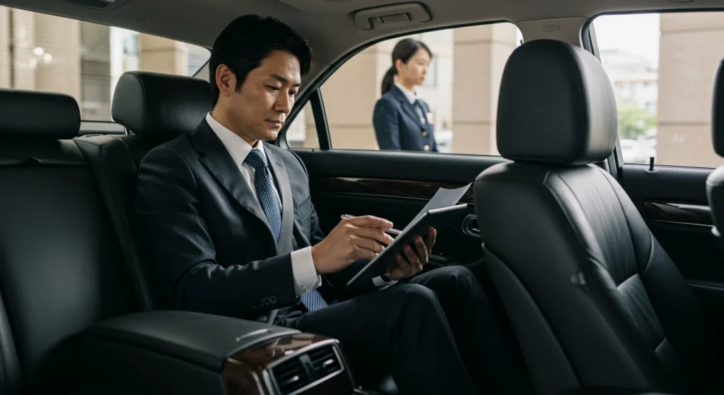 役員が車内で仕事をする様子