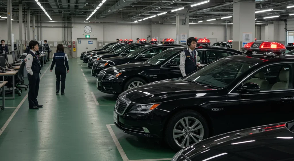 緊急時のバックアップ車両と対応スタッフ