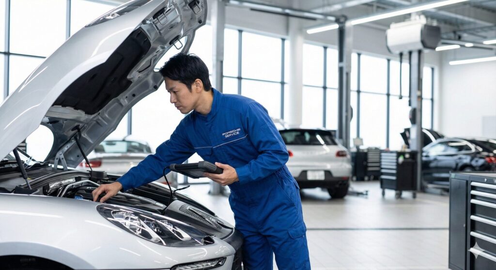 ポルシェ マカンのエンジンルームを点検する整備士の様子
