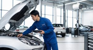 ポルシェ マカンのエンジンルームを点検する整備士の様子