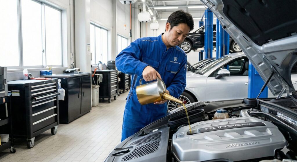 ポルシェ マカンのエンジンオイル交換作業中の様子