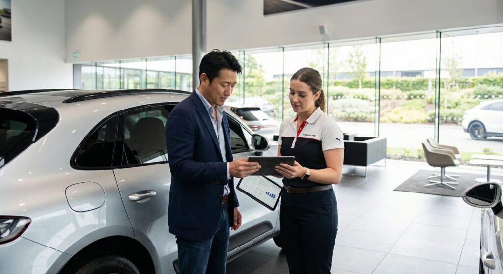 ポルシェ ディーラーでマカンの点検を受けるオーナー