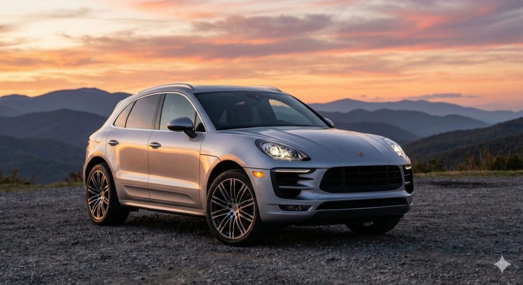 夕暮れの景色を背景に佇むポルシェ マカン