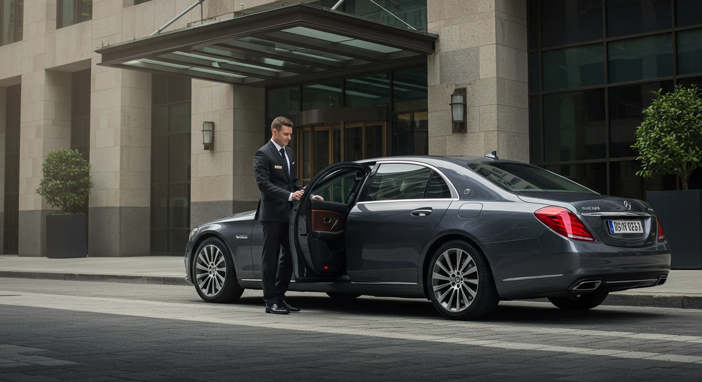 高級車から降りる役員をサポートするドライバー