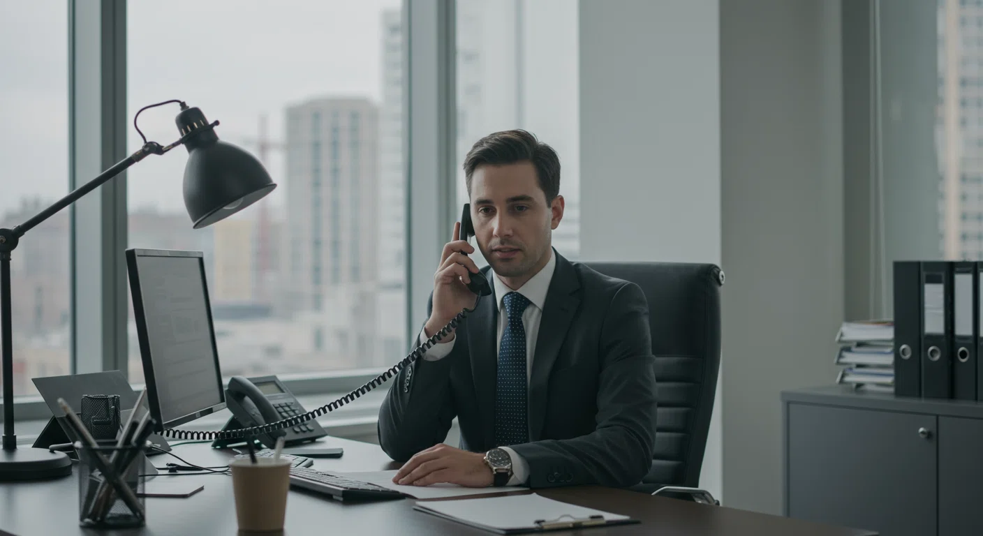 ビジネスパーソンがオフィスでプロドライバーサービスについて電話相談している様子