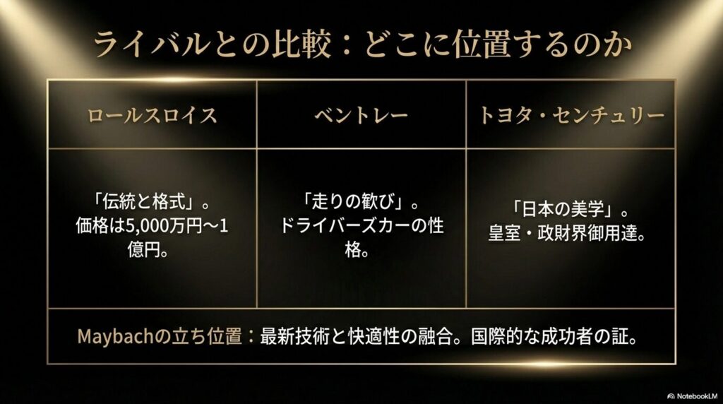 マイバッハと他の超高級車の比較：ロールスロイスやベントレーとの違い