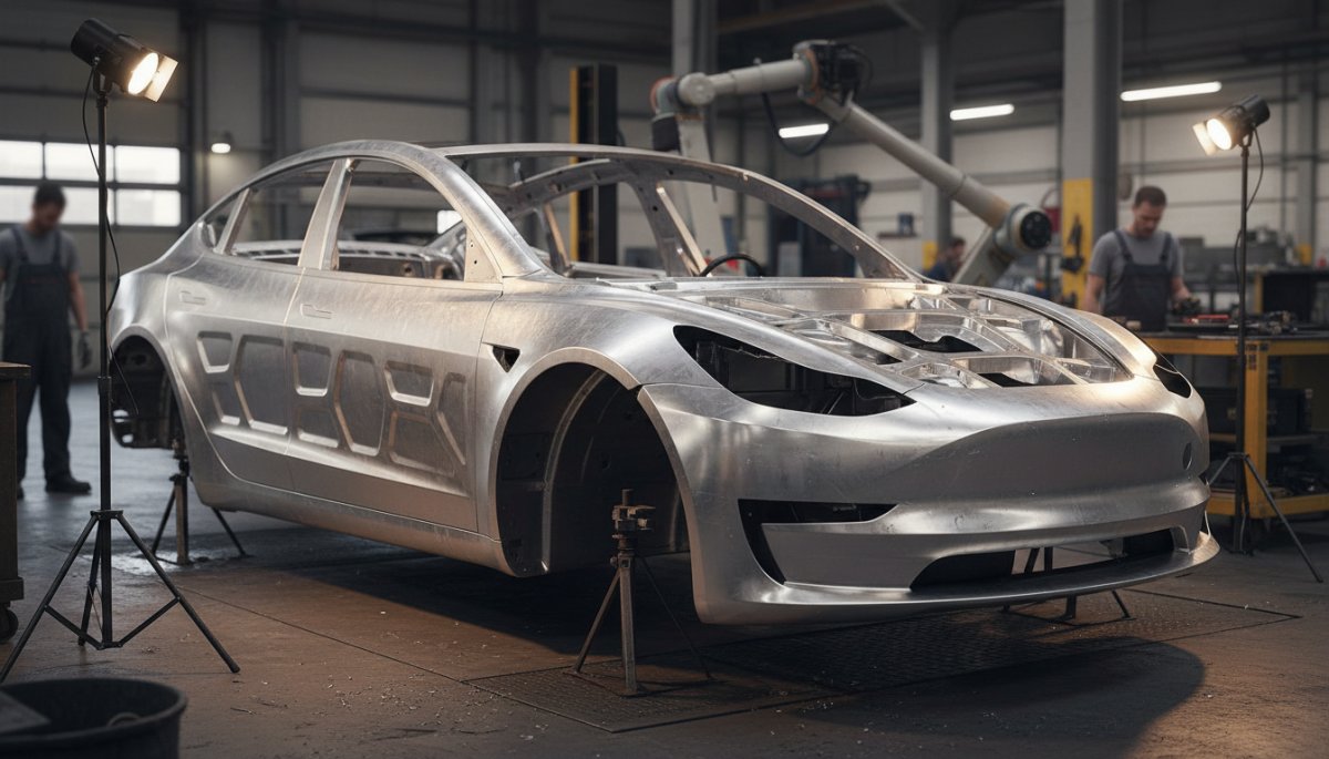 テスラ車両の特殊構造と修理工場の様子
