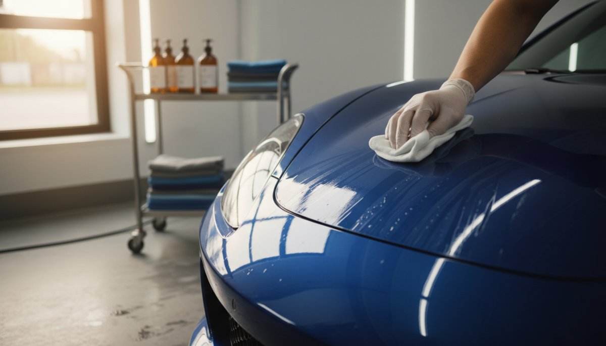 車のボディにコーティング剤を塗布する作業風景