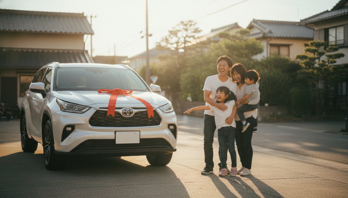 新車購入で喜ぶ日本人家族