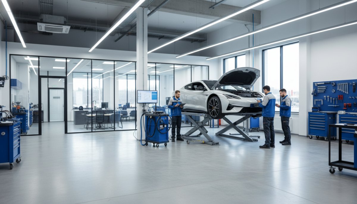 テスラ認定修理工場での修理作業
