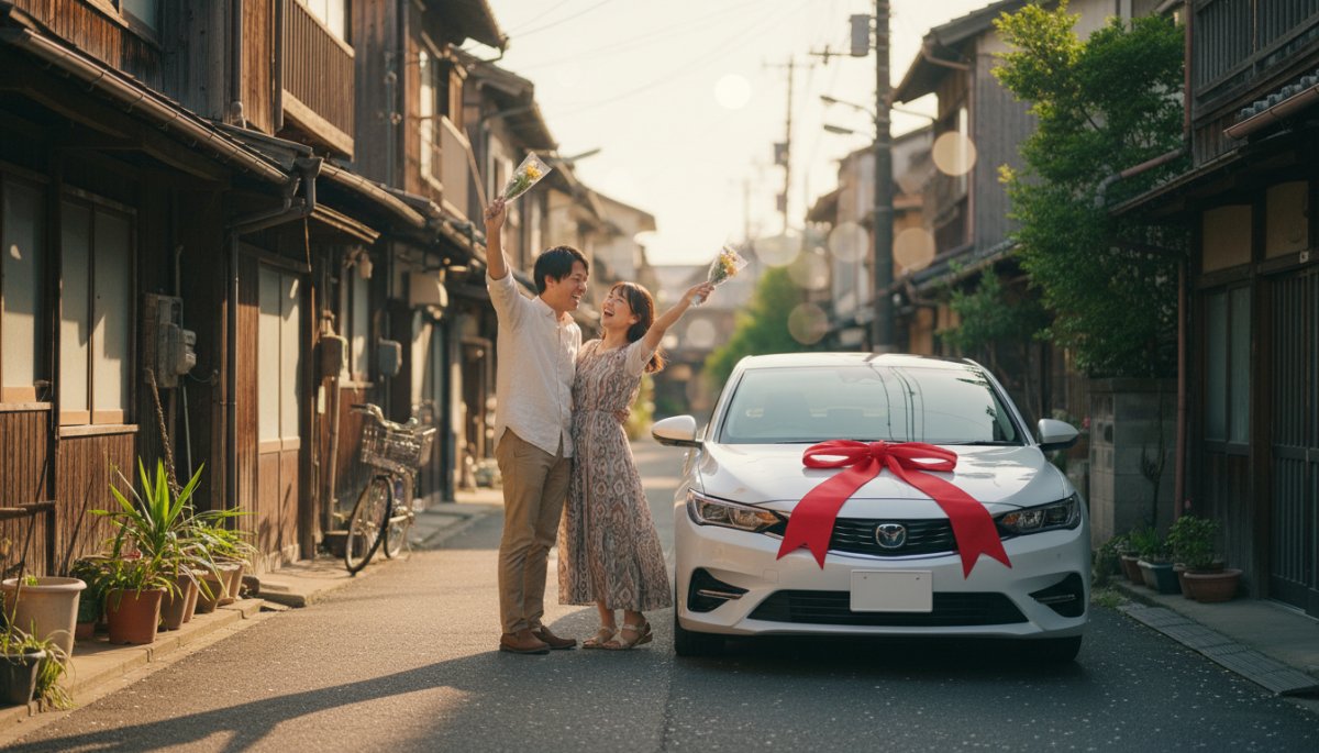 結婚記念日を祝うカップルと車