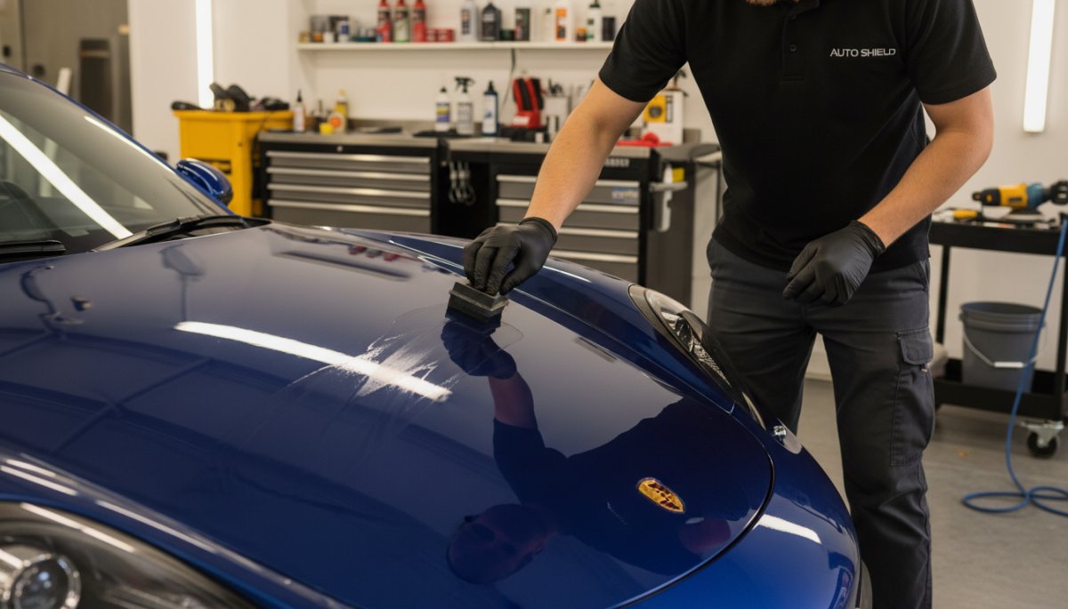 ポルシェケイマンのボディに光沢コーティングを施工している専門技術者の作業風景