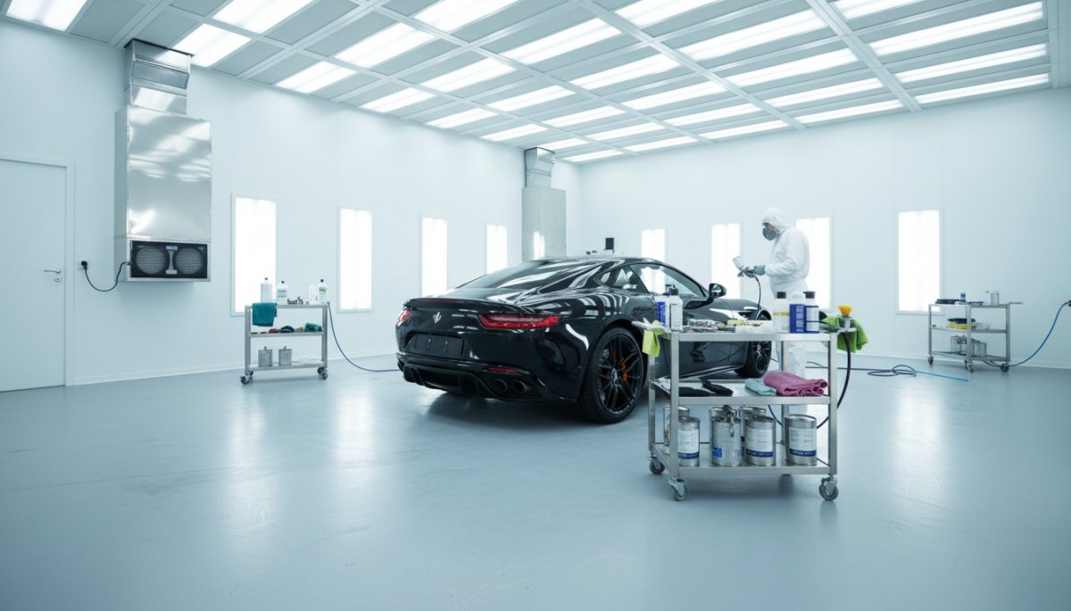 コーティング専門店の清潔な施工ブース内部