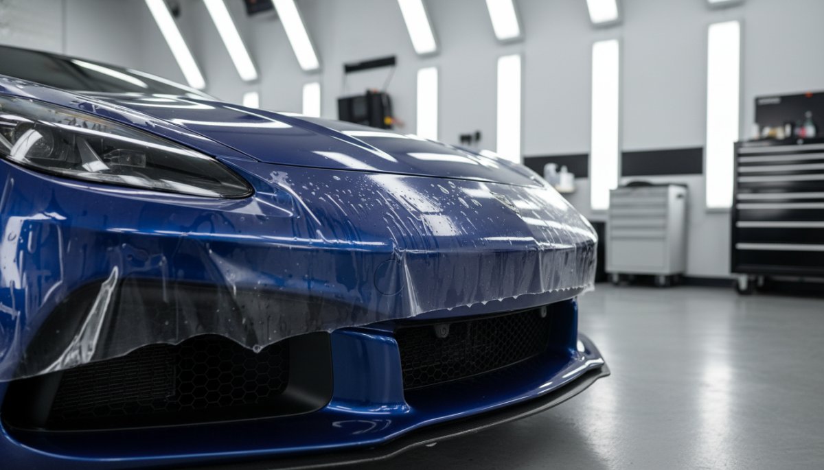 プロテクションフィルムを施工したポルシェケイマンのフロント部分