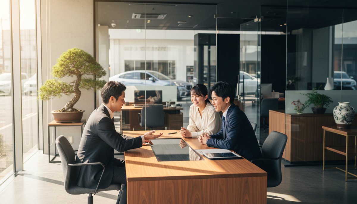 BMW認定中古車の展示場と商談風景