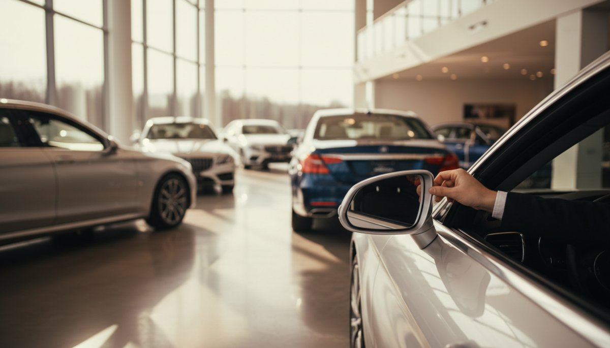 輸入車ショールームの高級セダン展示風景