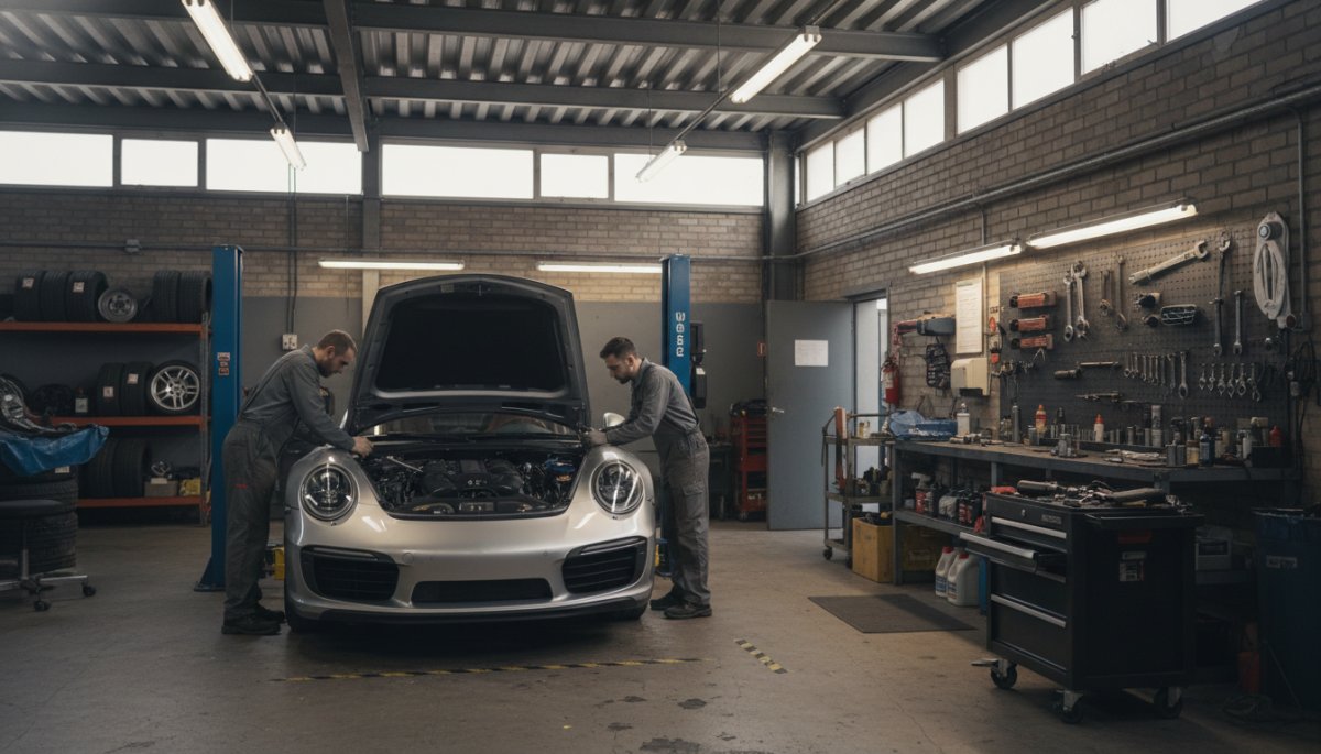 輸入車の整備工場での点検作業