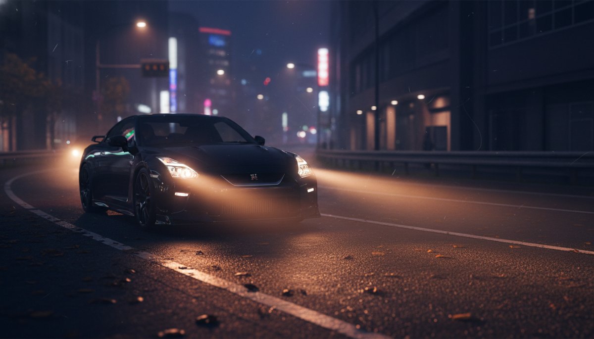 夜間走行するアルファードのヘッドライト