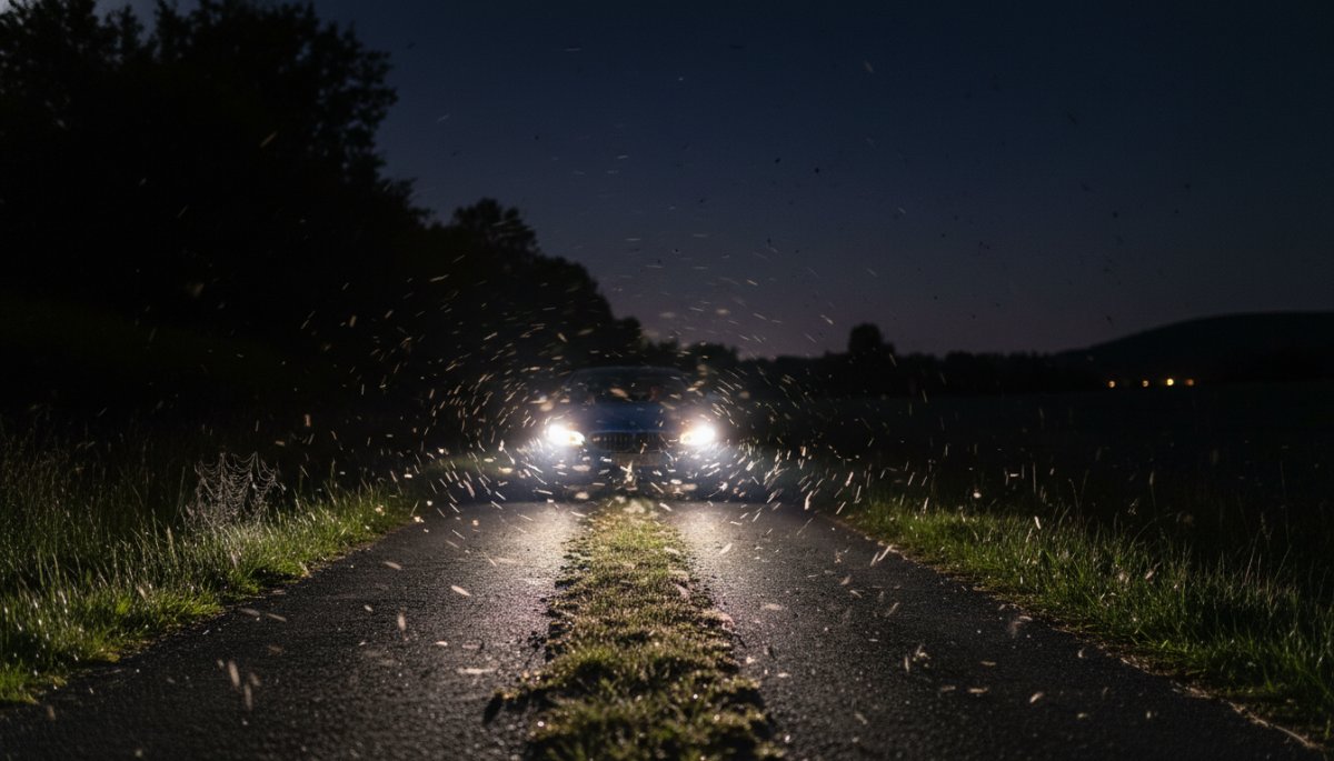 夜間走行する車のヘッドライトに集まる虫の様子