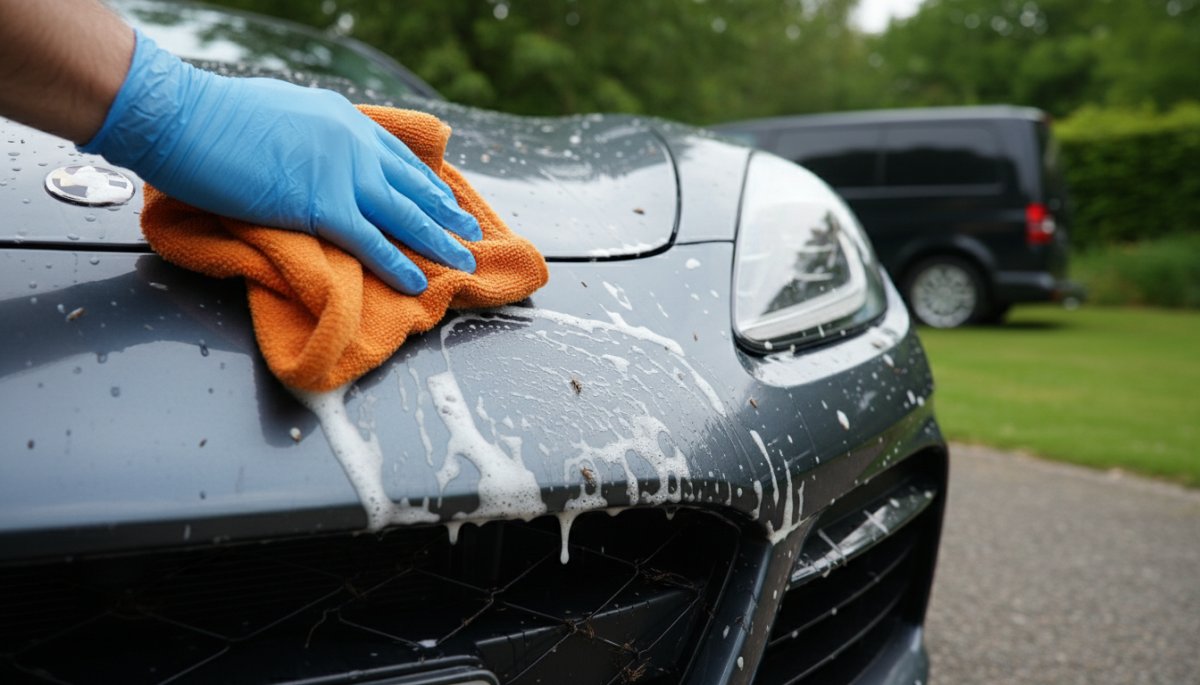 車の虫汚れを専用クリーナーで除去する様子