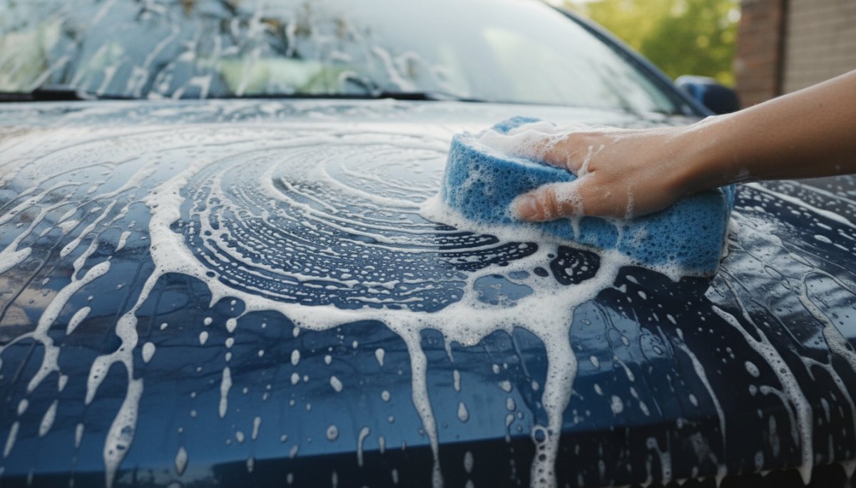 車の洗車作業中のスポンジとシャンプー