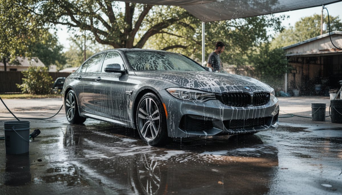 日陰での車の洗車シーン