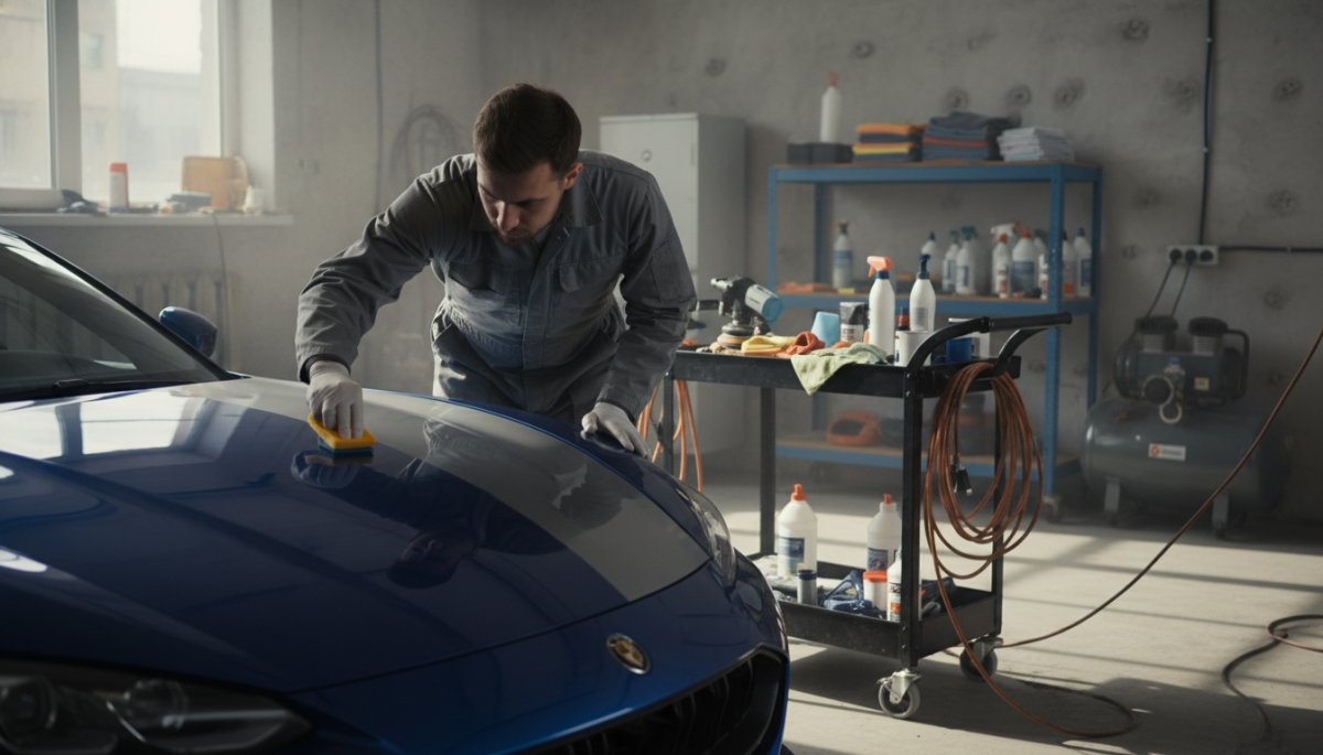 専門店でのコーティング施工作業