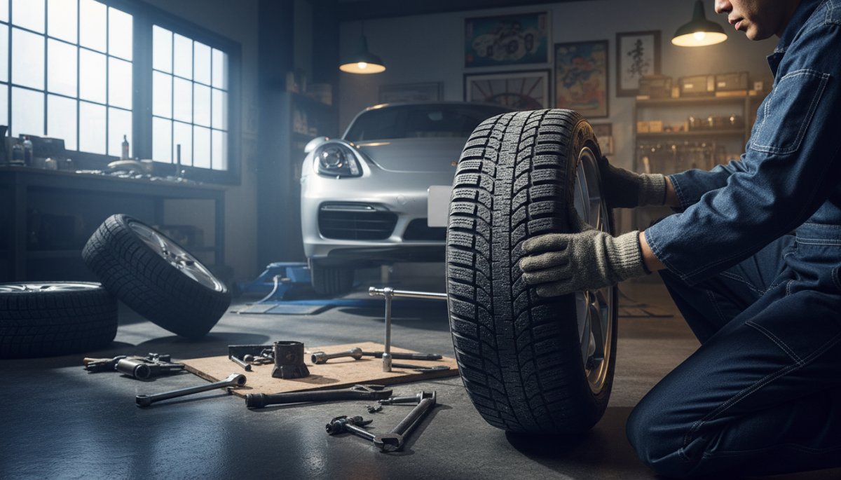 ポルシェケイマン雪道走行準備とスタッドレスタイヤ装着の様子