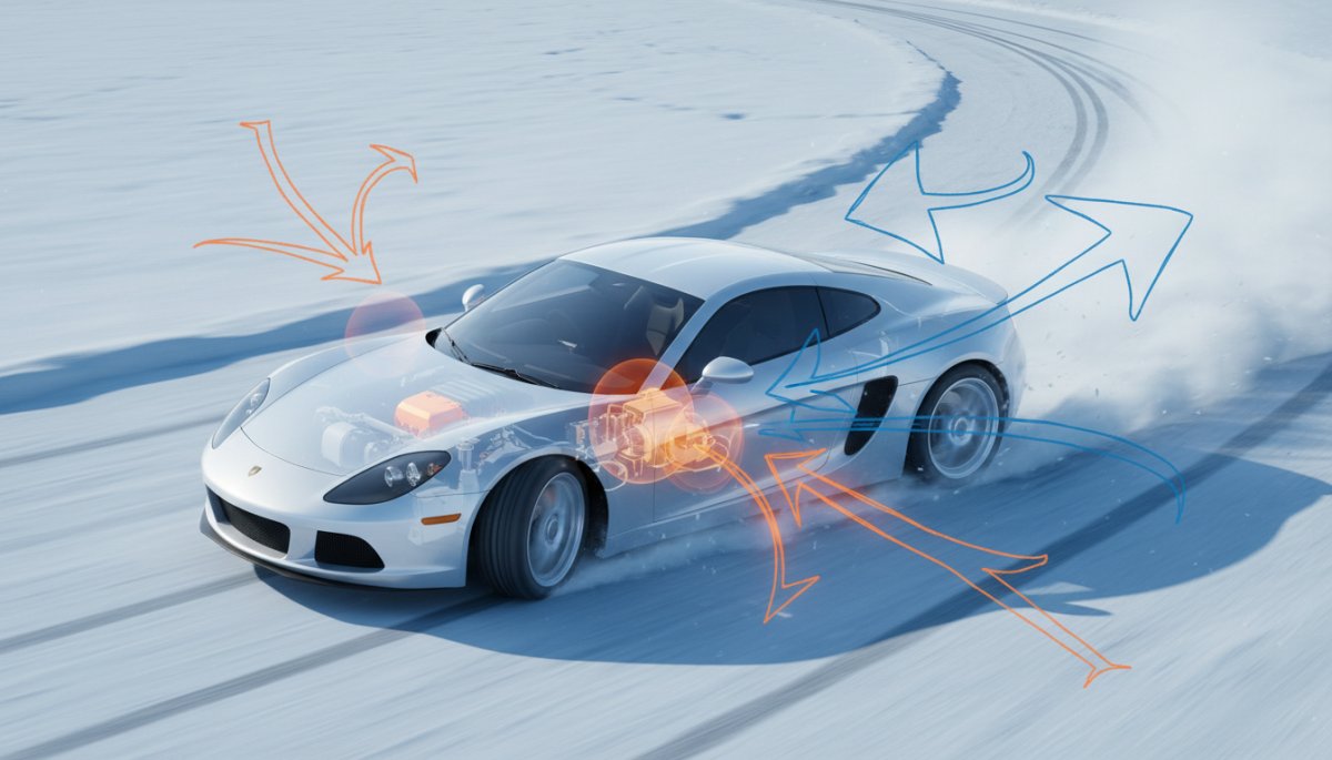ミッドシップスポーツカーの重量配分と雪道での挙動イメージ図