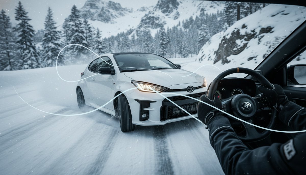 雪道でのスムーズなステアリング操作とアクセルワークのイメージ
