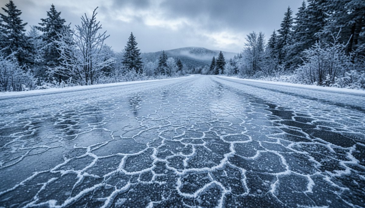 凍結路面アイスバーンの危険性を示す冬の道路風景