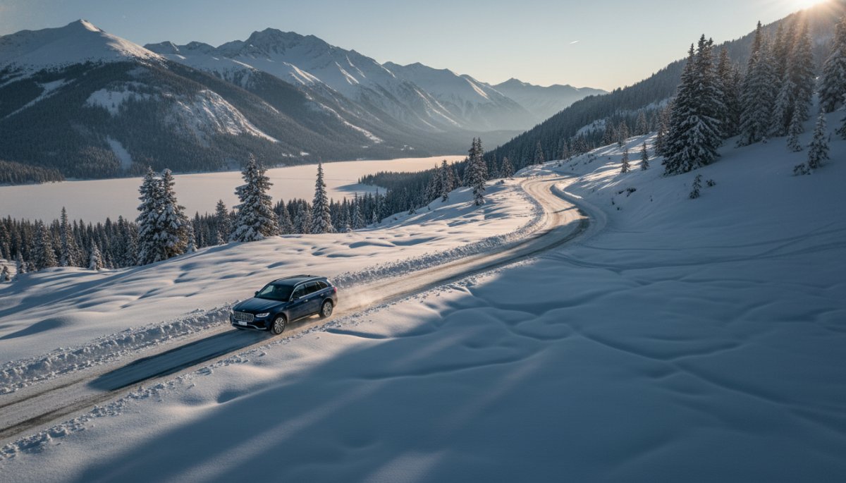 雪山ドライブの実践シーンと冬の美しい景色