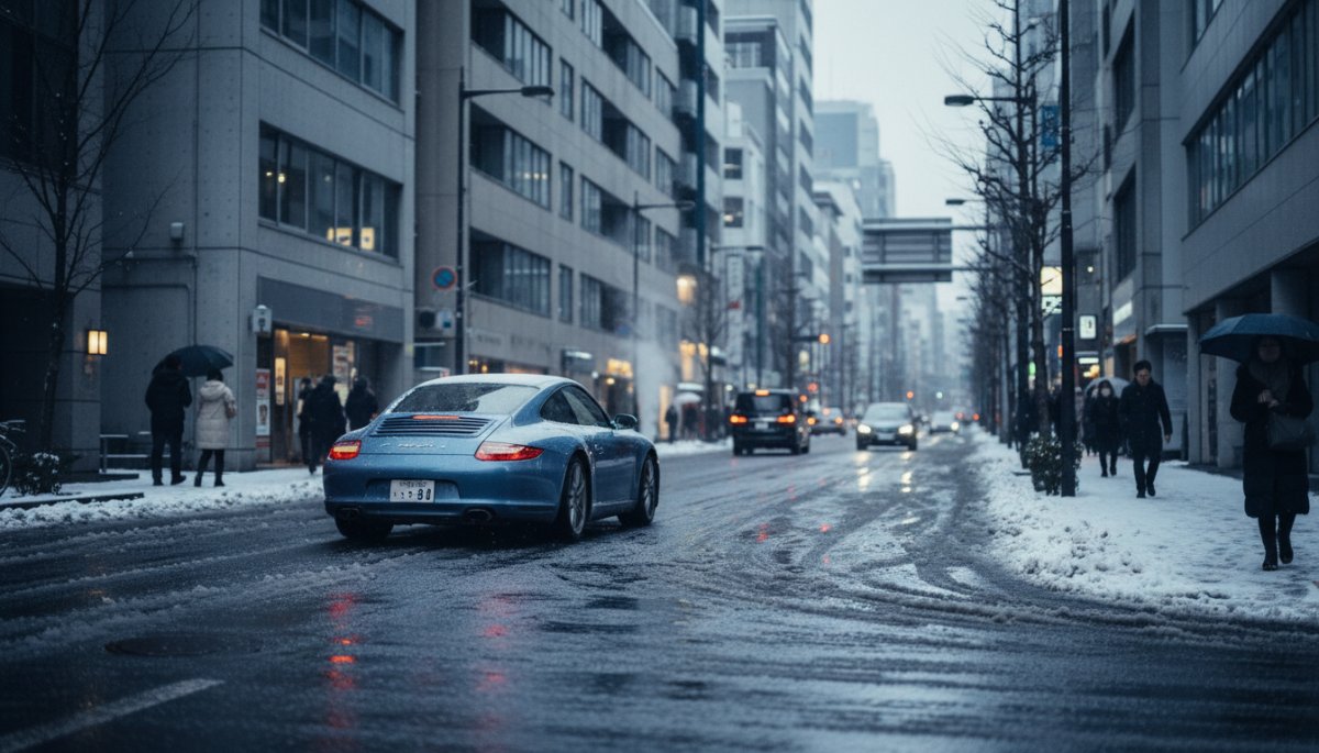 都市部の冬道を走るスポーツカーの日常使用シーン