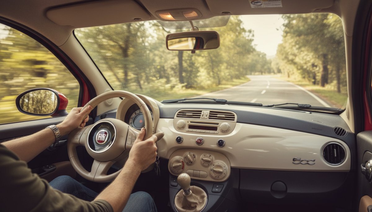 フィアット500を運転する様子
