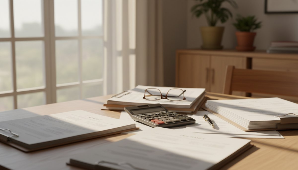 保険契約書類と電卓を使って計算する様子