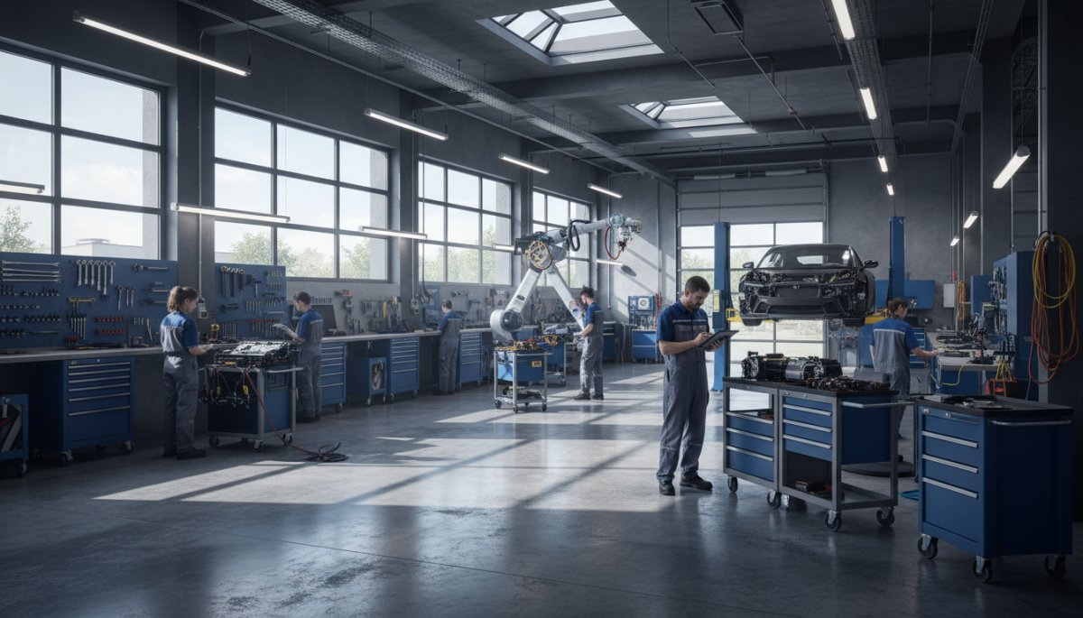 自動車修理工場での作業風景