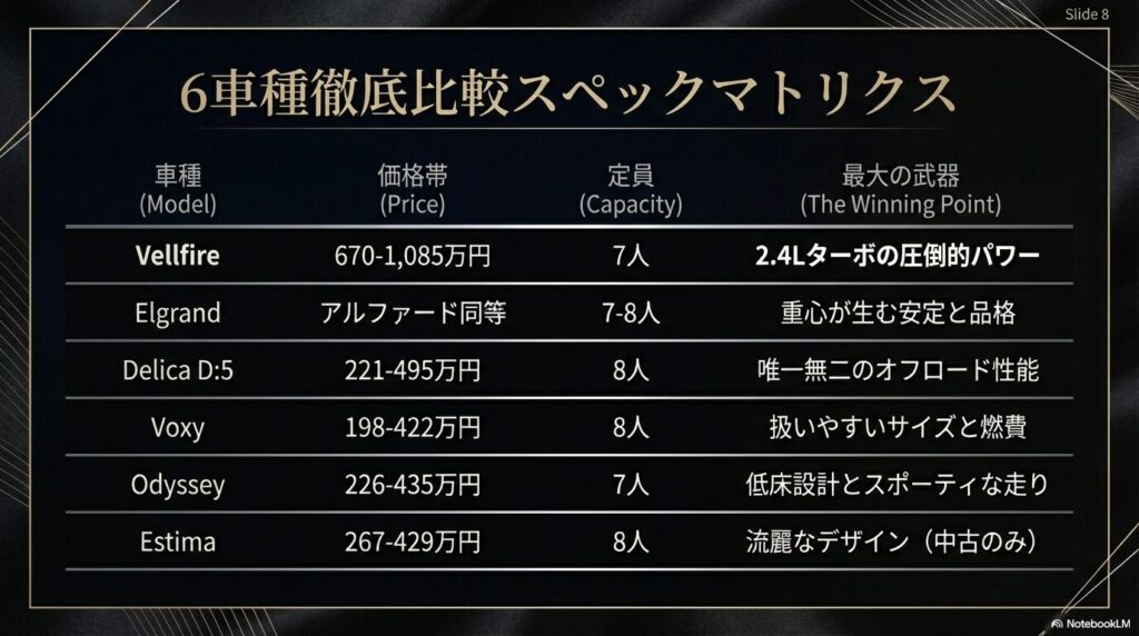 高級ミニバン比較表：一目でわかる各車種の違い