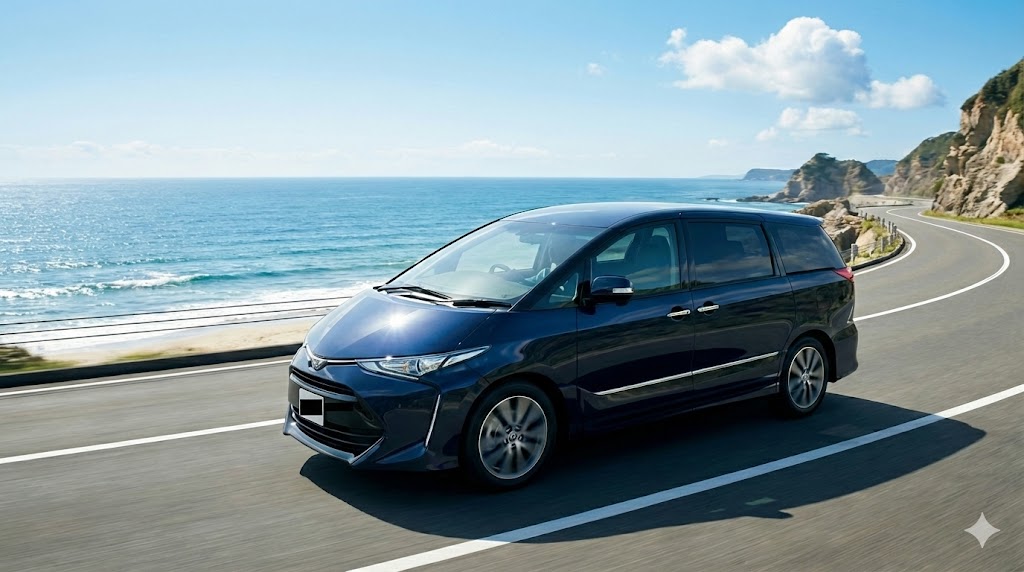 トヨタ エスティマ 海岸線を走る