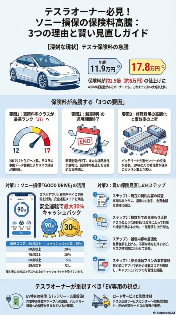 テスラオーナー必見！ソニー損保の保険料が高騰する3つの要因と見直しポイント