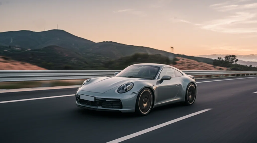 夕暮れの高速道路を走るポルシェ911